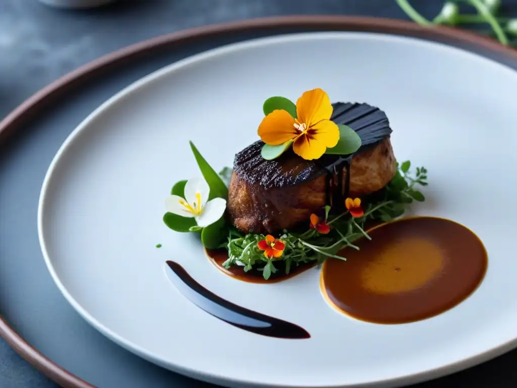 Un exquisito plato étnico con twist moderno: pollo con mole, microgreens y flores comestibles en presentación sofisticada