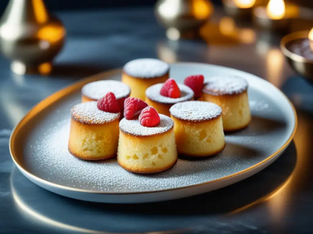 Un exquisito plato de financier dorados con azúcar glas y frambuesas, en una elegante mesa