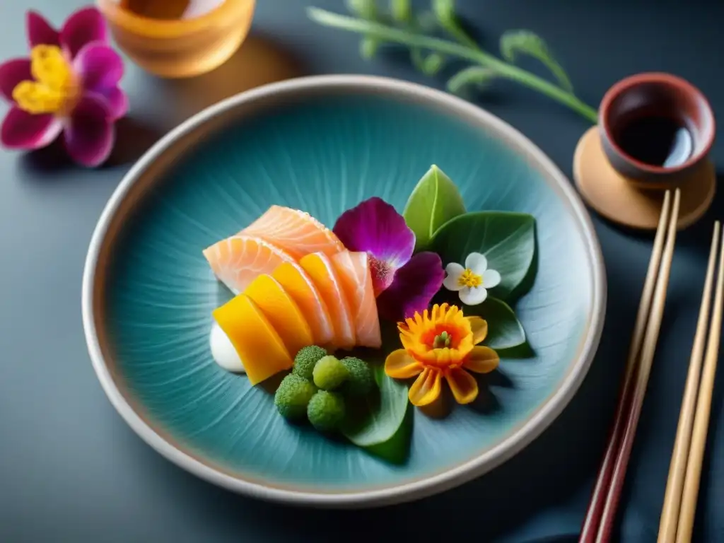 Exquisita fusión japonesa: sashimi y flores comestibles Un exquisito plato de fusiones japonesas innovadoras gourmet con sashimi y flores comestibles, arte culinario