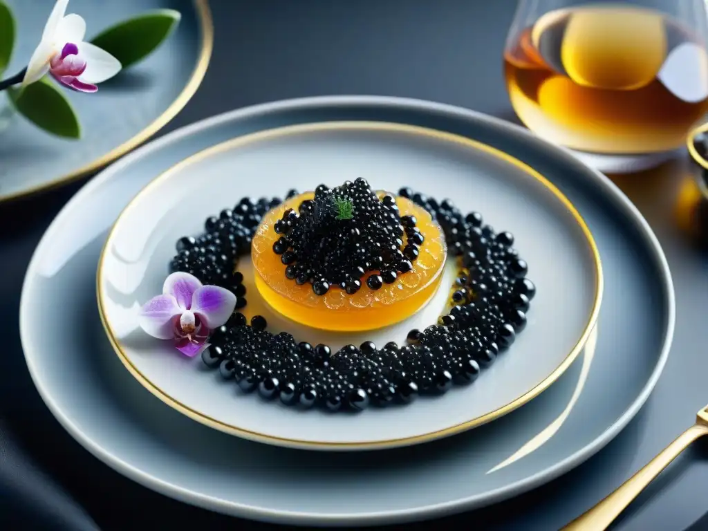 Exquisito plato gourmet de caviar negro sobre blinis, cucharas de caviar de lujo y copas de champán, rodeado de orquídeas