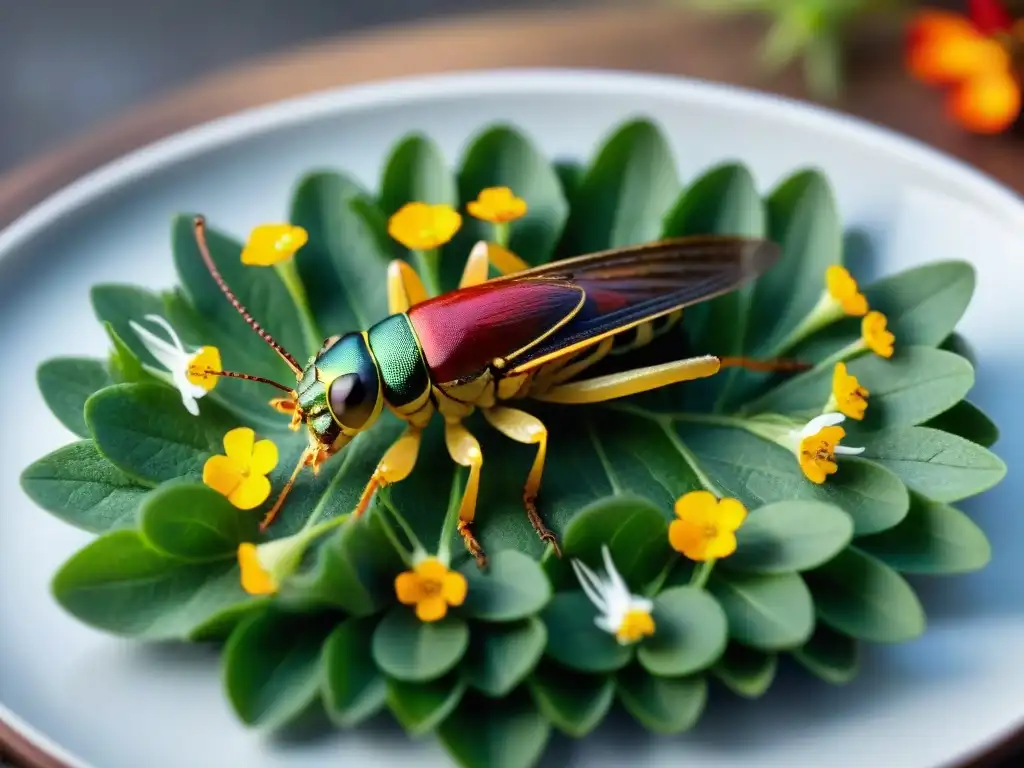 Exquisito plato gourmet con chapulines insectos comestibles, hierbas frescas y flores coloridas en alta resolución