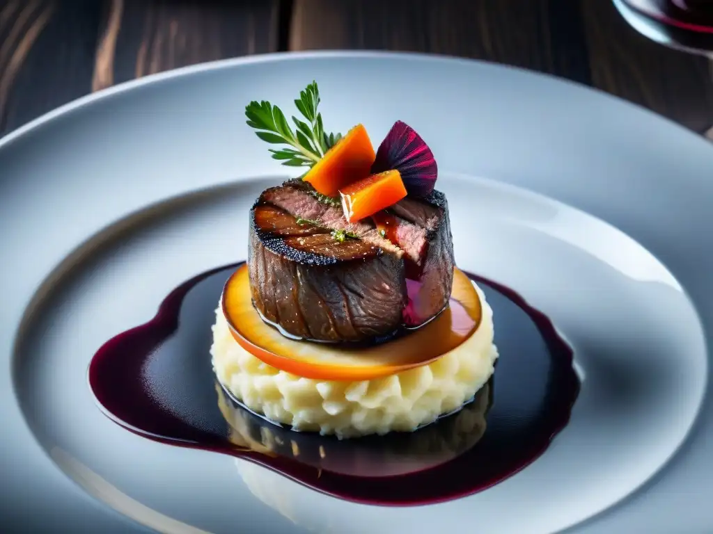 Exquisito plato gourmet con filete mignon, foie gras, puré de trufa y zanahorias arcoíris