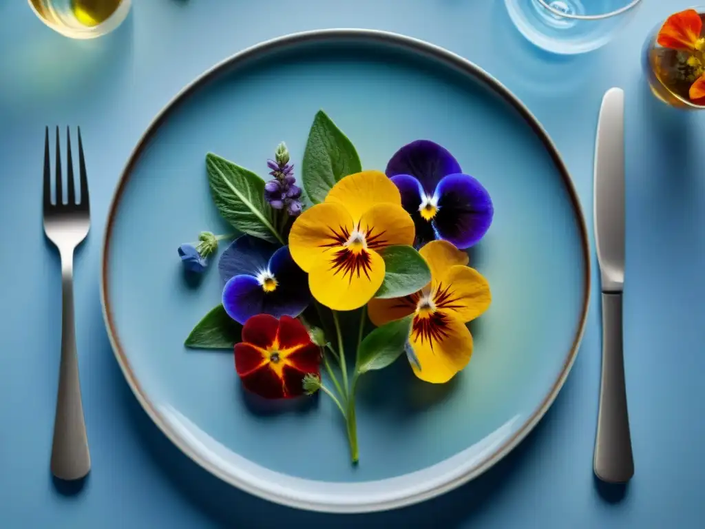 Un exquisito plato gourmet con flores comestibles, presentado de forma elegante y colorida