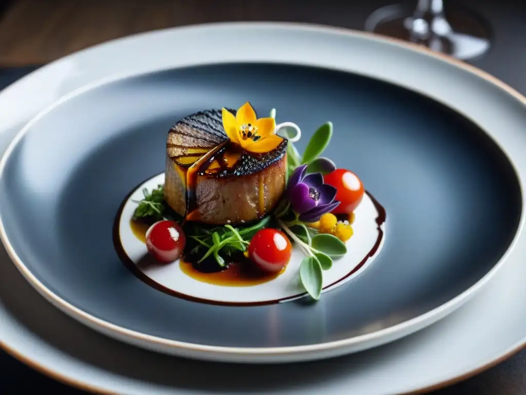 Exquisito plato gourmet con foie gras, tomates heirloom, microgreens y flores comestibles