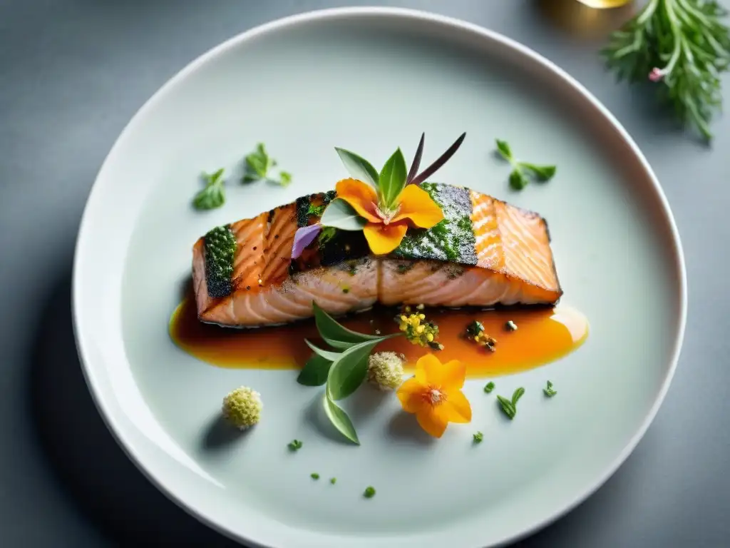 Un exquisito plato gourmet que combina hierbas aromáticas frescas sobre un filete de salmón, adornado con flores comestibles