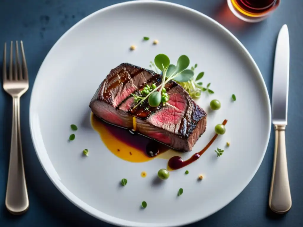 Exquisito plato gourmet con steak sellado, microgreens coloridos y salsa brillante en presentación elegante