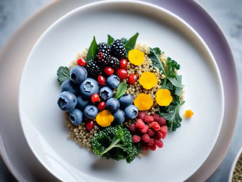 Exquisito plato gourmet con superfoods como arándanos, kale y quinoa en elegante vajilla blanca, iluminado naturalmente