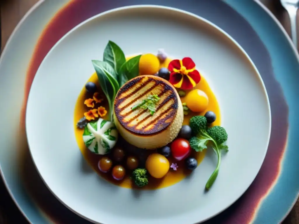 Un exquisito plato gourmet vegano, una sinfonía de colores y texturas