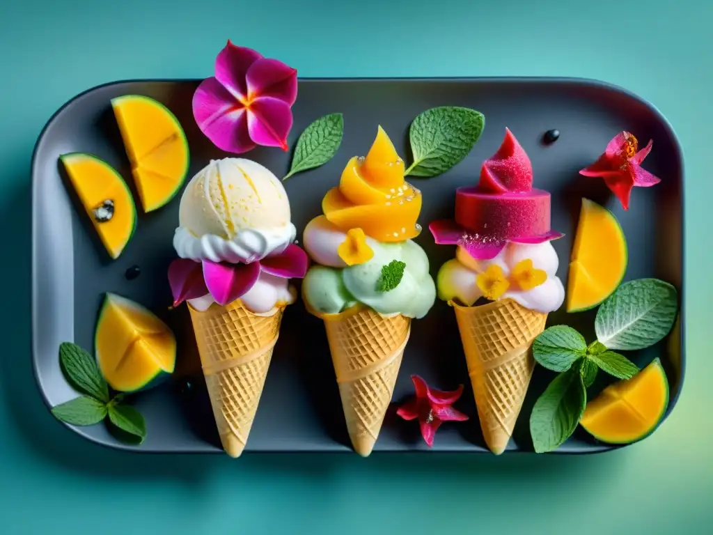 Un exquisito plato de helados exóticos con sabores increíbles, decorados con hojas de menta y pétalos de flores comestibles