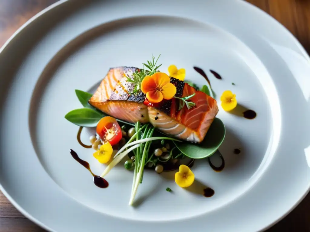 Exquisito plato con ingredientes coloridos y frescos, creación de un chef estrella que deslumbra con sus secretos de emplatado