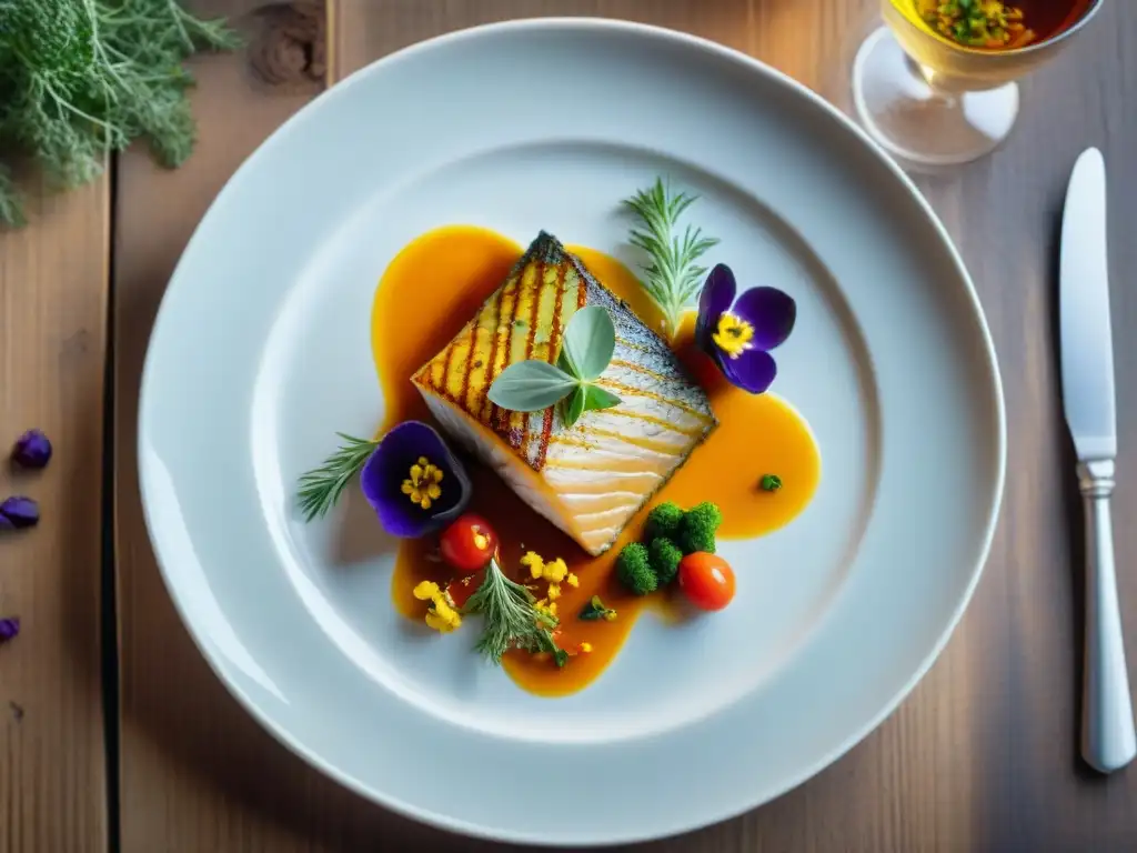 Un exquisito plato de pescado dorado en alta cocina con guarniciones coloridas