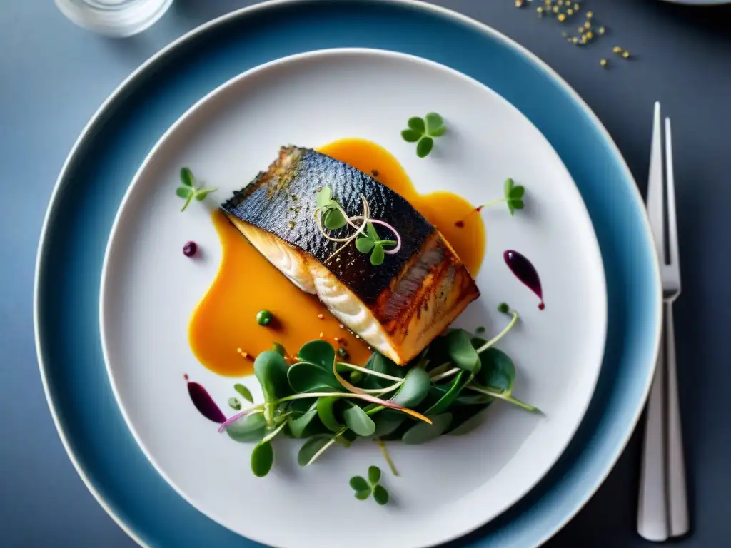 Un exquisito plato de pescado dorado en elegante escenario de alta cocina