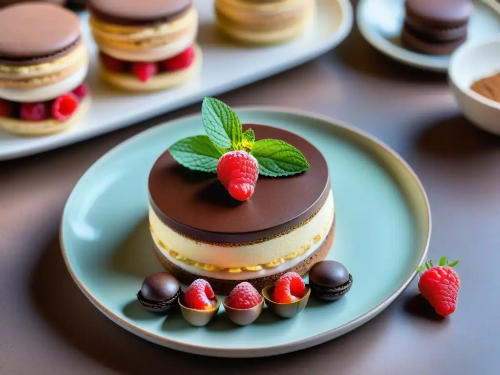 Un exquisito plato de postres gourmet plan Keto: mousse de chocolate, tiramisú y macarons en tonos pastel, finamente decorados