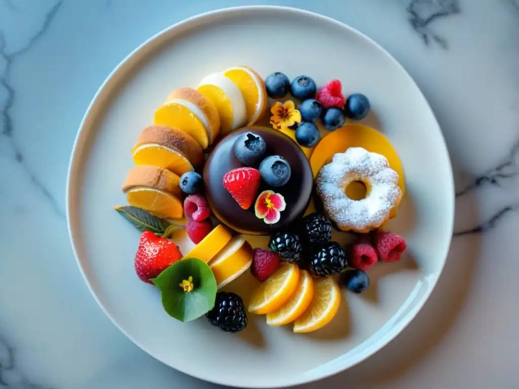 Un exquisito plato de postres gourmet para degustar con pastelería, chocolates y frutas frescas, decorado con detalles dorados y coulis de bayas