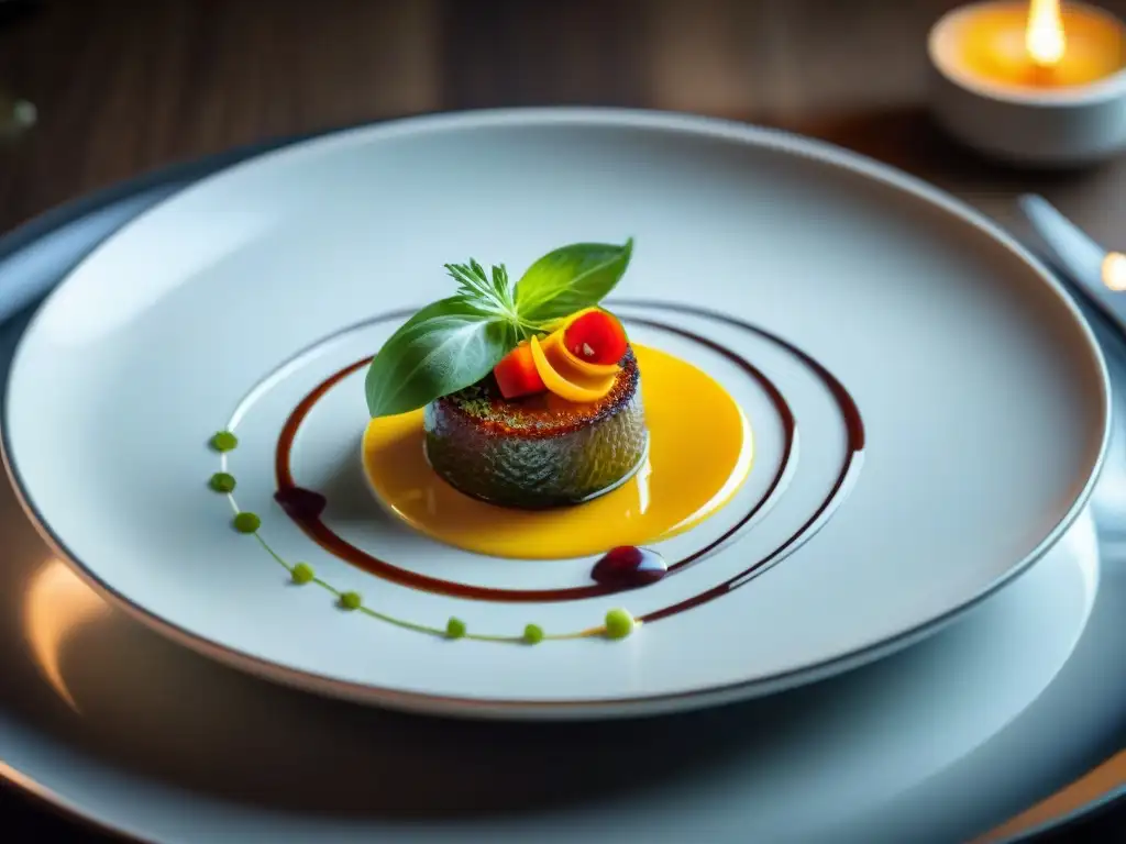 Un exquisito plato reinventado de alta gastronomía con colores vibrantes y detalles intrincados, en un elegante restaurante