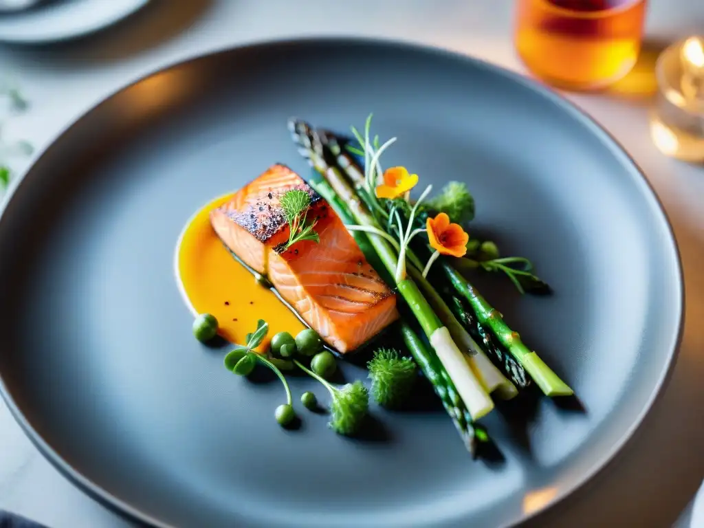 Exquisito plato de salmón sellado sobre espárragos, bañado en salsa de azafrán