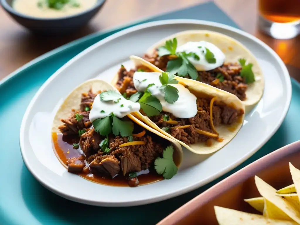 Un exquisito plato de 'Tacos de birria con consomé' en un elegante y moderno plato blanco