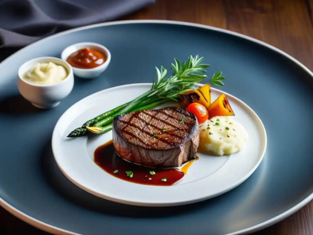 Un exquisito plato tradicional gourmet con filete a la parrilla, verduras asadas y puré de papas, presentado elegantemente