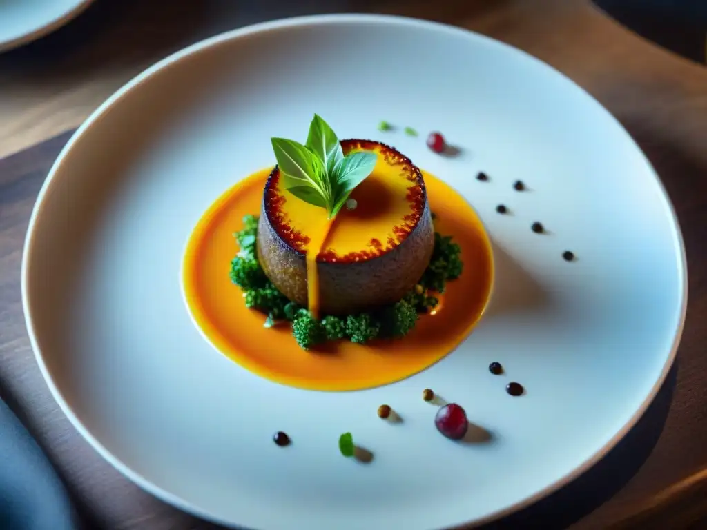 Un exquisito plato tradicional reimaginado gourmet, con colores y texturas armoniosas en una presentación elegante