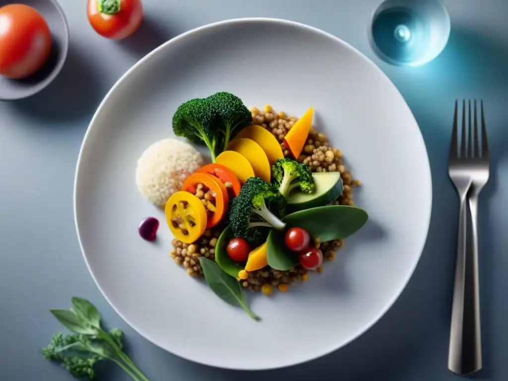 Un exquisito plato vegano gourmet con presentación detallada y colores vibrantes