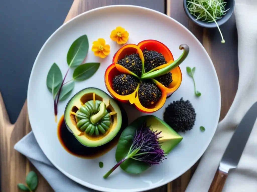 Un exquisito plato vegano gourmet con vegetales asados, pimientos rellenos de quinoa, aguacate y reducción balsámica