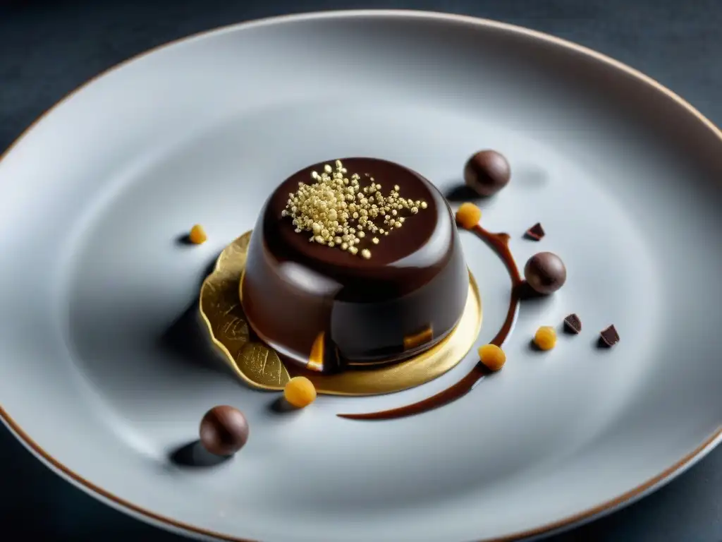 Exquisito postre de chocolate gourmet con técnicas vanguardia en presentación elegante y sofisticada