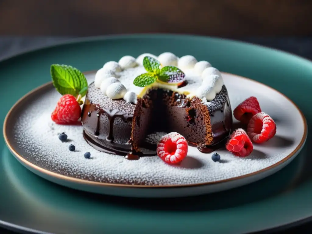 Un exquisito postre gourmet para degustar: un decadente pastel de lava de chocolate con helado de vainilla, frambuesas y menta fresca