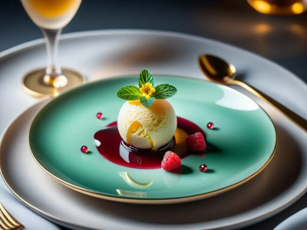 Un exquisito postre gourmet con maridaje de helados, sorbetes y flores comestibles en elegante vajilla blanca y copa de champagne