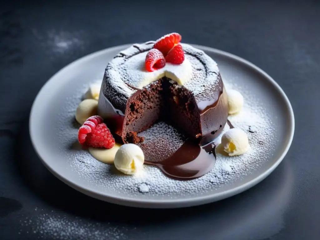 Exquisito postre: lava cake de chocolate con helado de vainilla, frambuesas y azúcar glass, ideal para maridaje café gourmet postres deliciosos