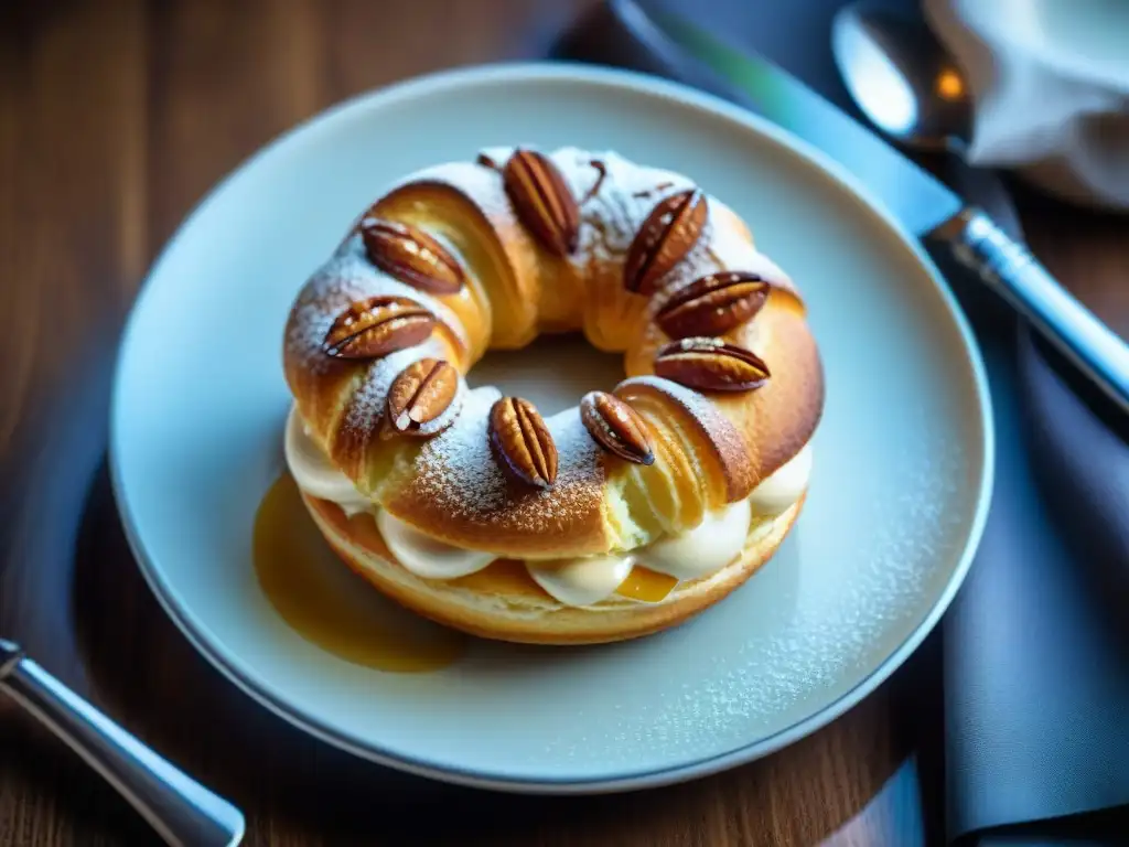 Exquisito postre ParisBrest gourmet en elegante presentación