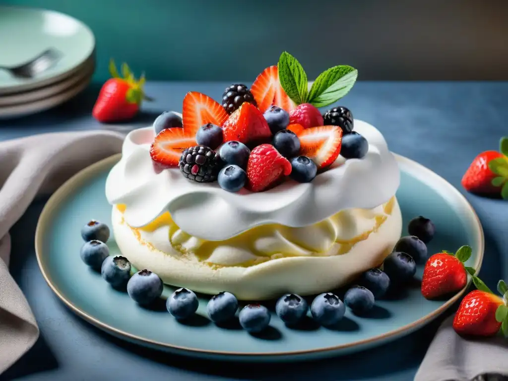 Un exquisito postre de Pavlova con frutos rojos frescos, nata montada y merengue crujiente en un plato de postre delicado sobre un mantel blanco