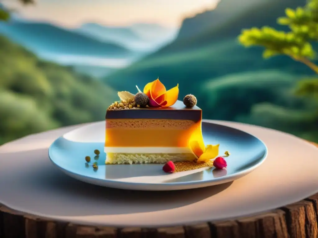 Un exquisito postre de mousse de sándalo comestible aroma exótico, con hojas de oro y pétalos de rosa, en un entorno de bosque exuberante