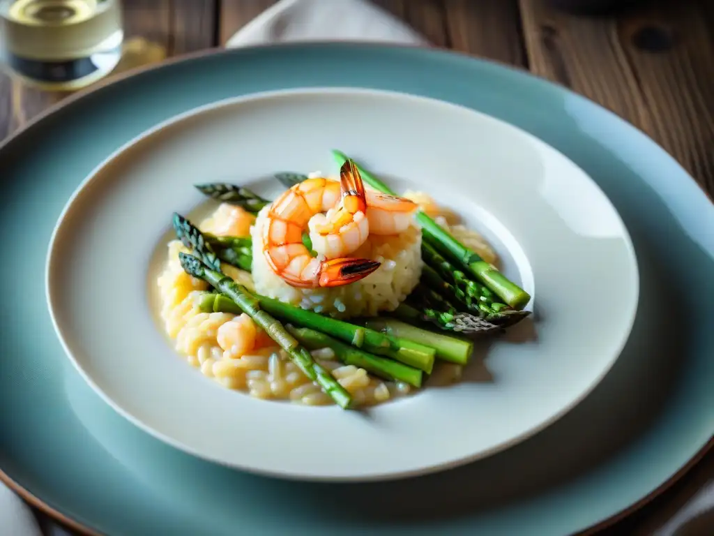 Un exquisito risotto cremoso con espárragos y camarones, bañado en salsa de azafrán, sobre una elegante vajilla blanca en mesa rústica