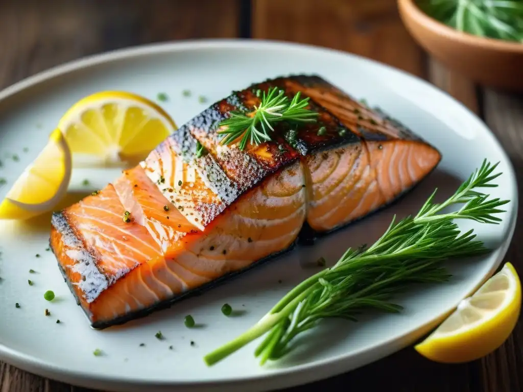 Exquisito salmón premium a la parrilla con limón y sal rosa, en plato blanco sobre mesa rústica