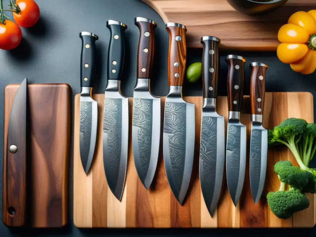 Un exquisito set de cuchillos gourmet innovadores tradicionales en tabla de madera rústica