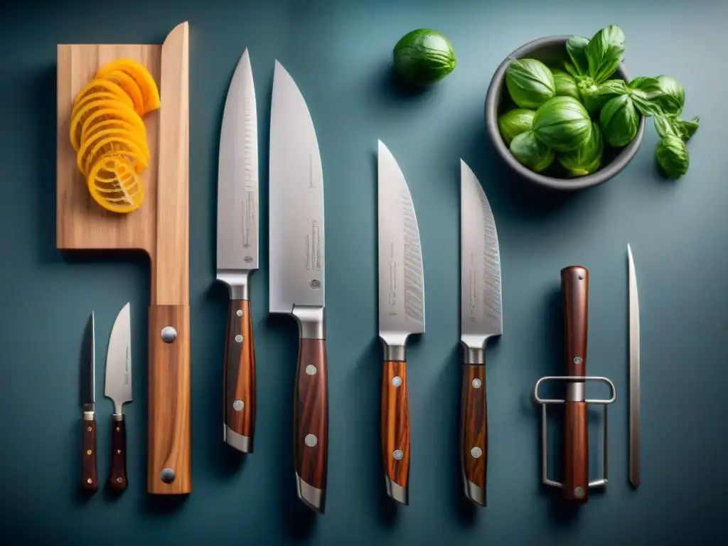 Un exquisito set de cuchillos gourmet innovadores tradicionales en una elegante cocina moderna