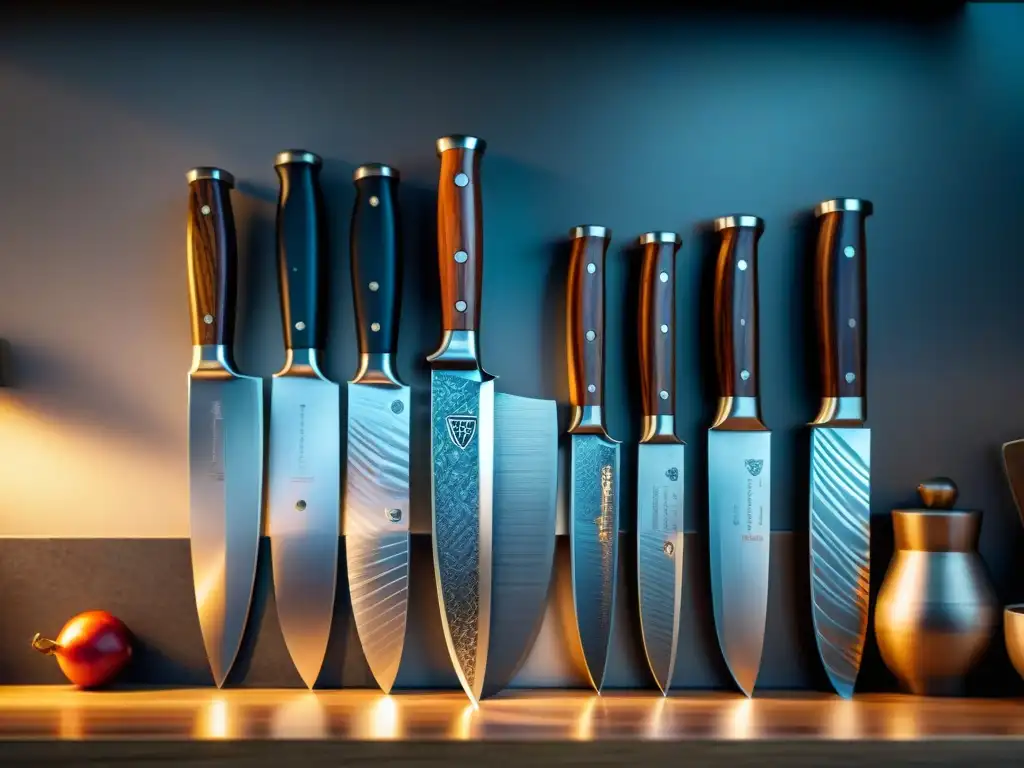 Un exquisito set de cuchillos gourmet en un elegante y moderno mostrador de cocina