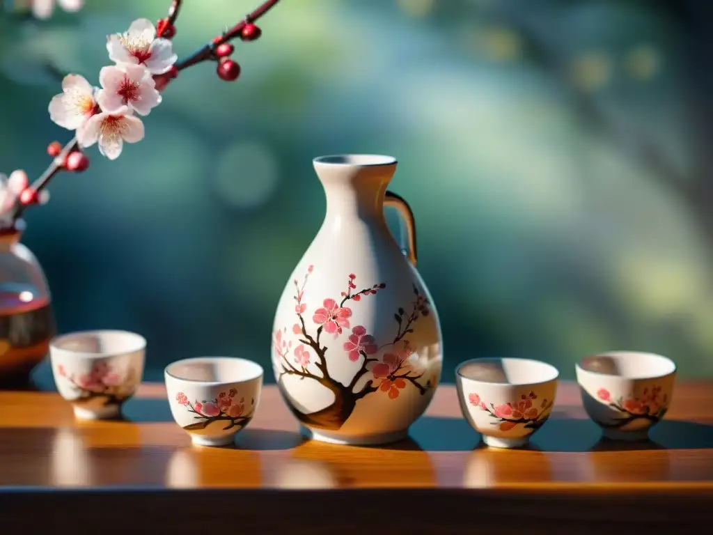 Exquisito set de sake japonés con detalles de cerezos pintados a mano en tonos vibrantes de rosa y blanco