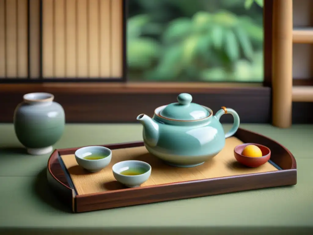 Arte culinario japonés: ceremonia del té Un exquisito setup de ceremonia del té japonés con Dulces japoneses Dangos gourmet, en una atmósfera serena y elegante
