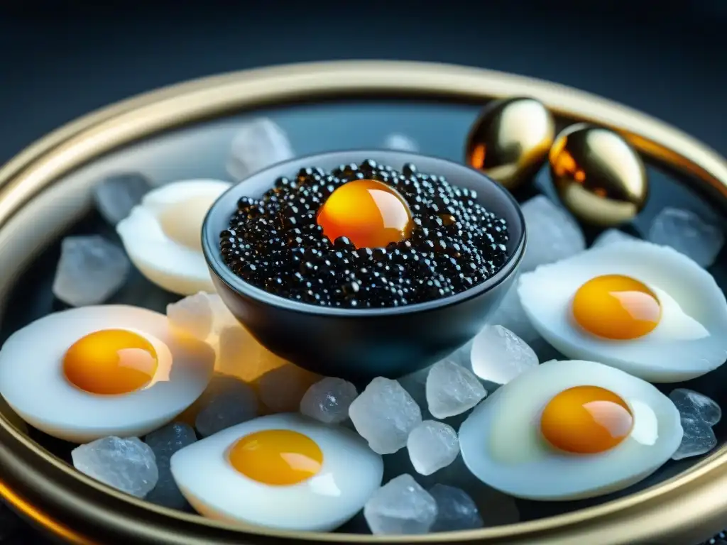 Un exquisito surtido de caviar de lujo gourmet exclusivo, brillando en una elegante presentación sobre hielo en un bol de cristal