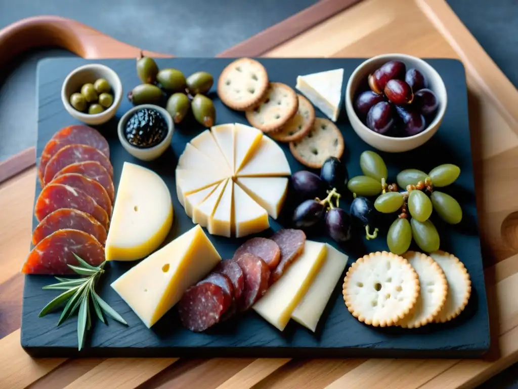 Un exquisito tablero de charcutería gourmet con una selección de carnes curadas, quesos artesanales y delicias, en una tabla de madera elegante