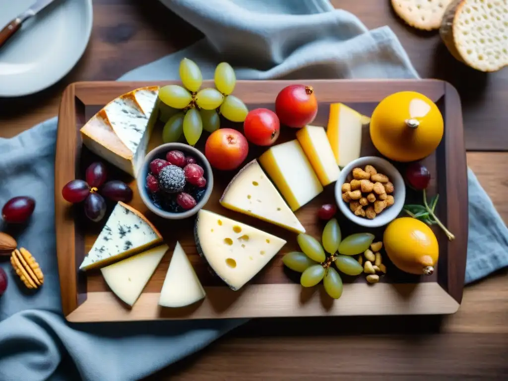 Un exquisito tablero de embutidos con quesos artesanales, frutas y miel, iluminado suavemente en una mesa rústica