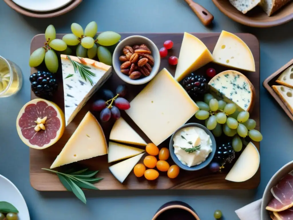 Un exquisito tablero de embutidos y quesos gourmet, frutas frescas y pan artesanal, sobre una mesa rústica