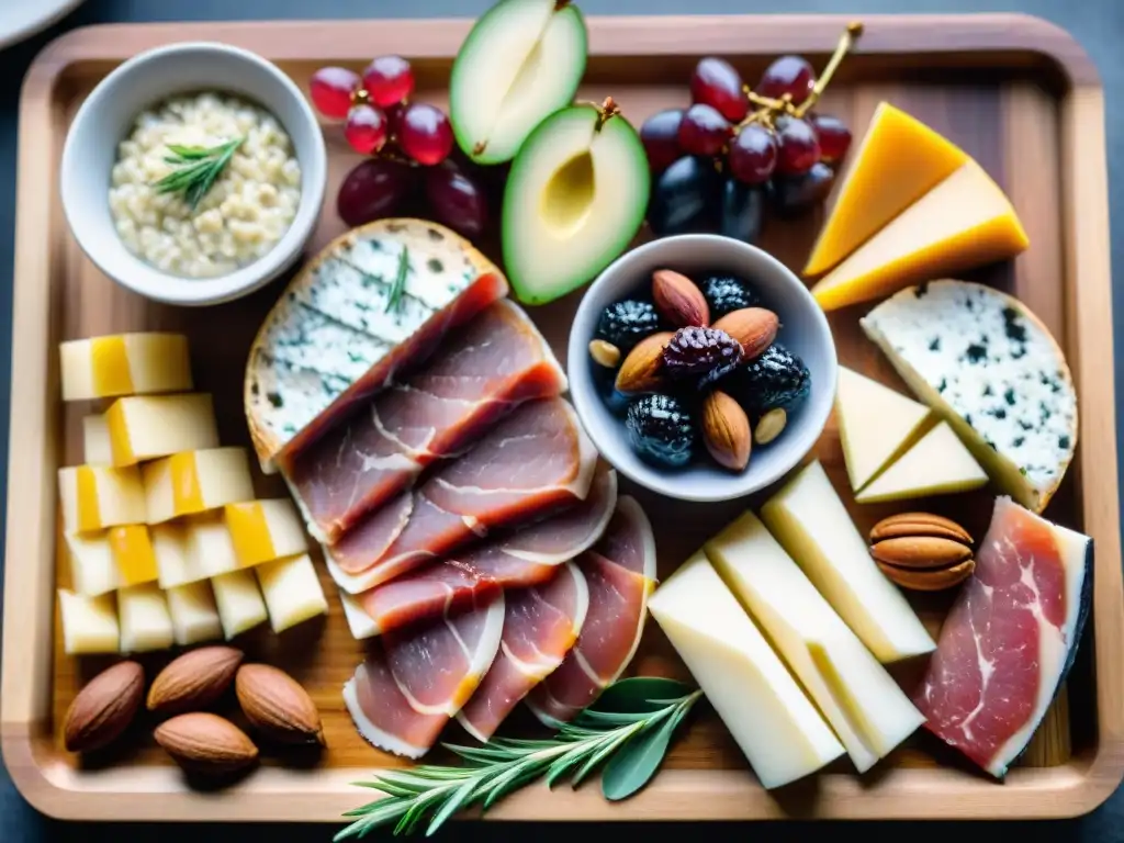 Un exquisito tablero de embutidos y quesos maridados con vinagre balsámico, frutas frescas y frutos secos en una presentación elegante y apetitosa