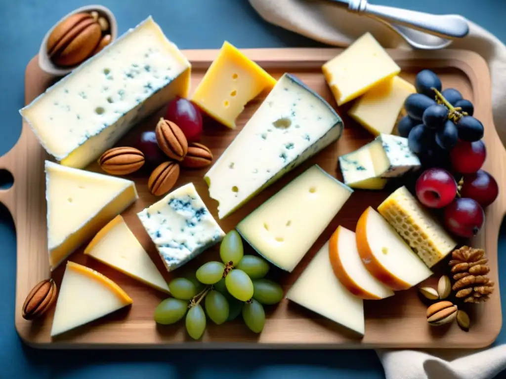 Un exquisito tablero de quesos americanos gourmet exportación, con cheddar, brie, azul y de cabra, frutas frescas, nueces, miel y galletas artesanales