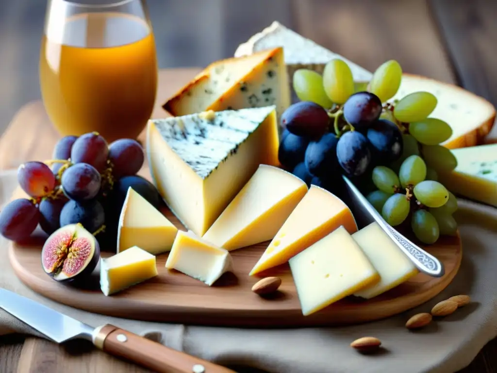 Un exquisito tablero de quesos europeos gourmet expertos con Gouda, Brie, Roquefort y Manchego, acompañados de uvas, higos, galletas y miel