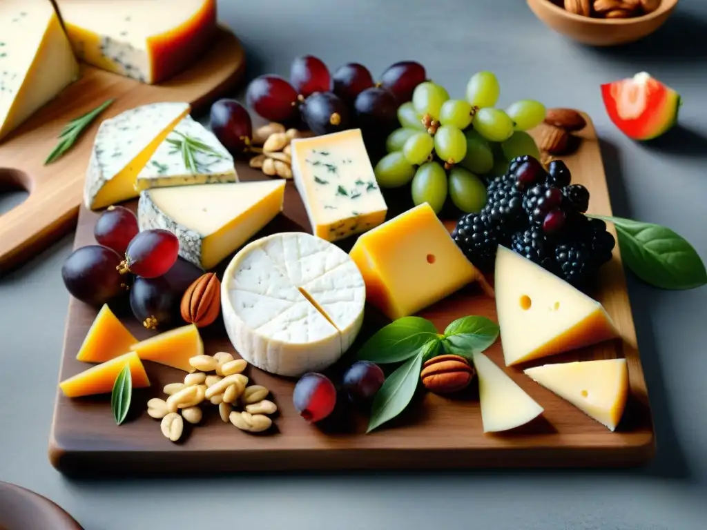 Tablero vegetariano de quesos europeos: lujo y sabor Un exquisito tablero de quesos europeos vegetarianos gourmet en una presentación lujosa y detallada