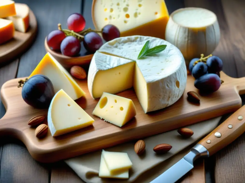 Deliciosos quesos vegetarianos europeos en tabla de madera rustica Un exquisito tablero de quesos europeos vegetarianos gourmet, con variedad de quesos y frutas frescas, bañados por una suave luz natural