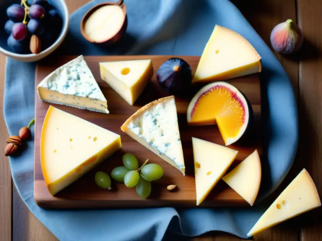 Un exquisito tablero de quesos gourmet con maridajes vinos quesos perfectos, sobre una mesa de madera rústica