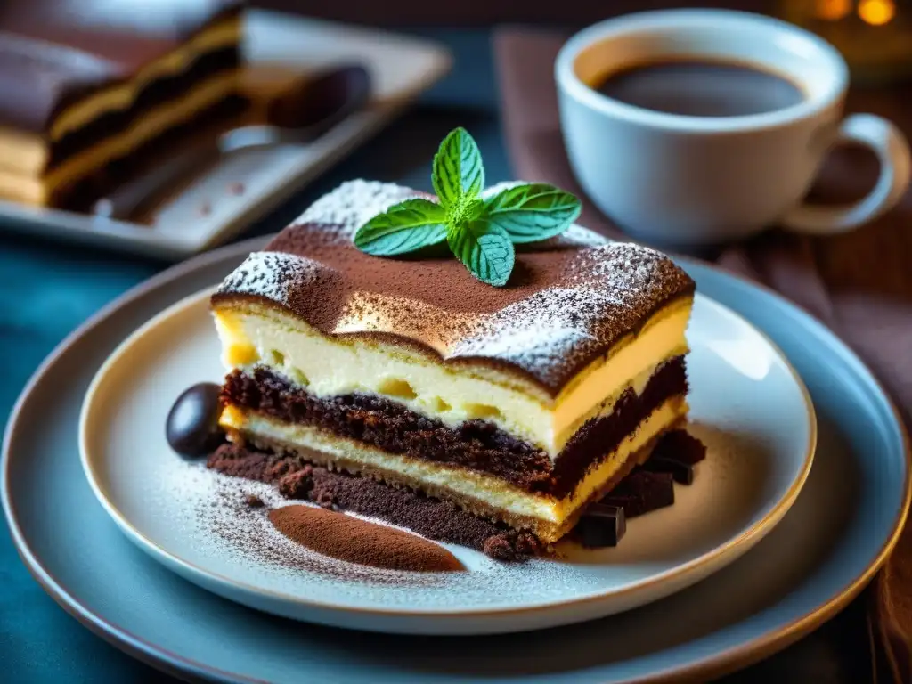 Un exquisito Tiramisú Italiano desvelando sus secretos en un plato de porcelana